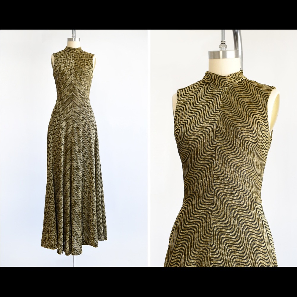 Vintage Gold and Black Wave-Print Maxi Dress